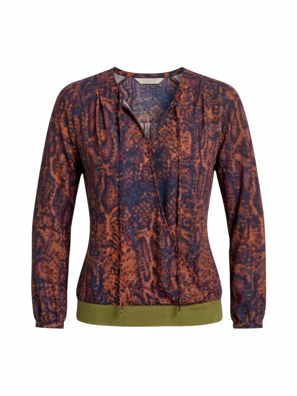 Cabi – Border Wrap Blouse #101 – Snakeskin Python – Navy Rust Olive – Sz. M